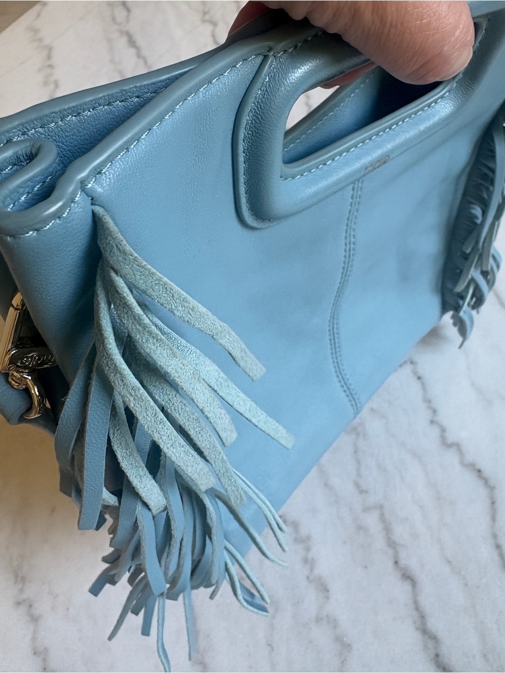 Maje M Bag - Light Blue Fringe Leather Clutch or Crossbody - Picture 7 of 13